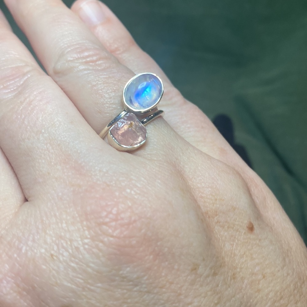 Solid Sterling Silver Rose Quartz And Rainbow Moo… - image 4